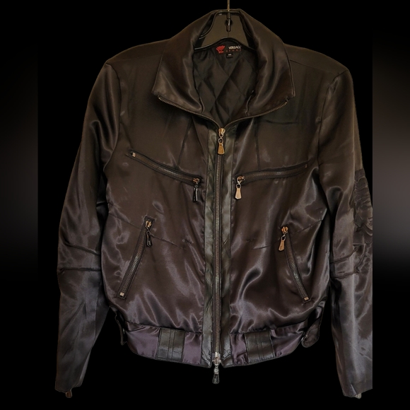 SALE Vintage Versace Sport Satin Bomber Jacket Removable Rabbit Fur Collar! - Picture 3 of 16